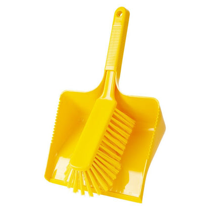 The Haug Bürsten KG KEHRGARNITUR, UNSLOTTED, Ø0.25MM, SOFT, 350MM is a yellow dustpan and brush set with soft bristles and a textured handle. The brush fits into the tray; both are ideal for cleaning floors and appear clean and unused.