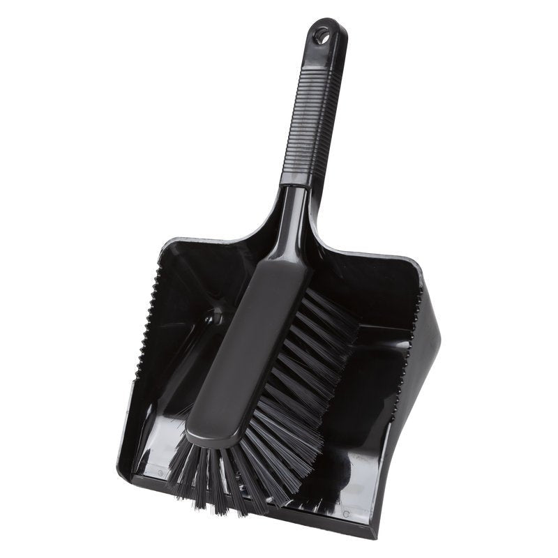 A black KEHRGARNITUR, UNSLOTTED, Ø0.25MM, SOFT, 350MM from Haug Bürsten KG with a matching broom with soft bristles and a ribbed handle; both made of durable plastic - perfect for floor cleaning.