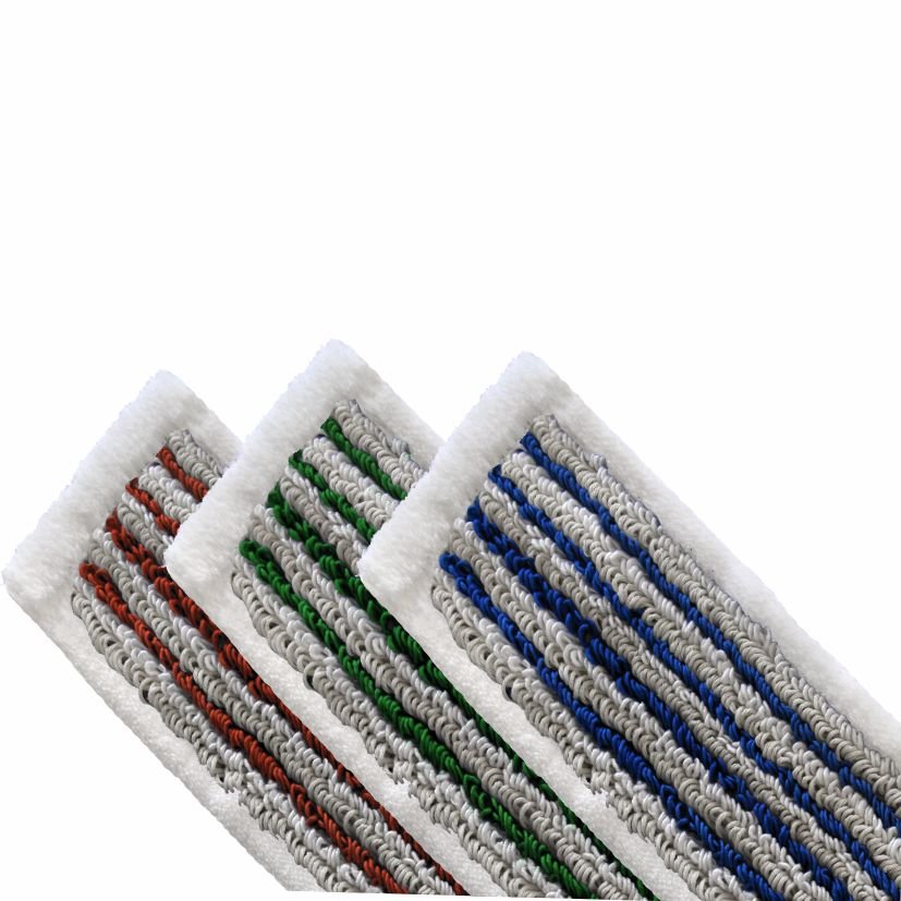 Drei Arcora Flachpressmopp Rot (40 cm) der Arcora International GmbH sind nebeneinander abgebildet, jeweils mit weißem Rand und roten, grünen und blauen Streifen auf grauem und weißem Untergrund - ideal für die Hygienereinigung im Krankenhaus.
