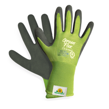 Ein Paar nachhaltige KIXX Handschuh Green Flex von Neudorff Shop in grün und schwarz, mit einem Sonnen- und Pflanzenlogo am Handgelenk, dargestellt auf weißem Hintergrund.