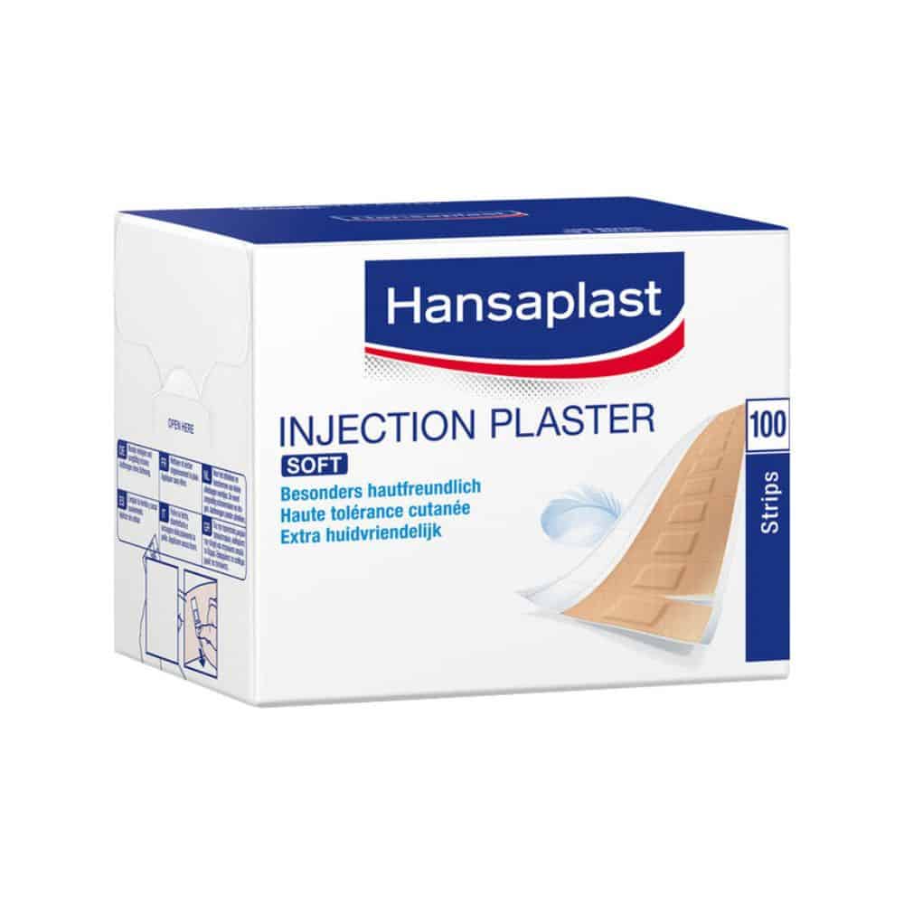 A pack of 100 Hansaplast Soft Injection Plasters (4 x 1.9 cm) from Beiersdorf AG for sensitive skin, made from hypoallergenic material. Comes in white and blue packaging with multilingual text and plaster illustration.
