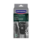 Front view of a Beiersdorf AG Hansaplast Protective Knee Brace, adjustable | Package (1 piece), featuring a photo of a person wearing the black knee brace and information about stability in German and English on the packaging.