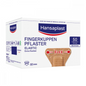A box of Beiersdorf AG Hansaplast Elastic Fingertip Bandages 5 x 4.4 cm – 50 pieces | Pack (50 pieces) flexible bandages designed for fingertips. The packaging is white and blue, contains 50 strips, and bears the Hansaplast logo.