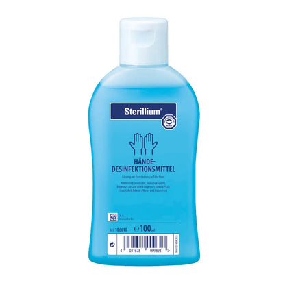 A bottle of Sterillium® hand disinfectant from Paul Hartmann AG. The container is blue and has a label with hand symbols and German text indicating that it is a hand disinfectant.