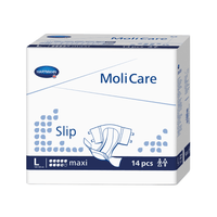 A box of Hartmann MoliCare® Slip maxi 9 Drops adult diapers by Paul Hartmann AG, size L, containing 14 pieces, with predominantly white and blue packaging featuring product graphics and text.