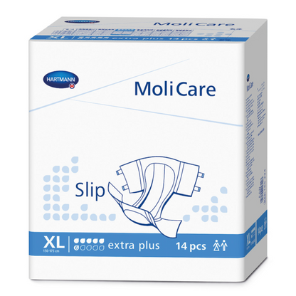 A pack of Paul Hartmann AG Hartmann MoliCare® extra+ incontinence slip 6 drops, unisex in size XL (130-175 cm). The pack contains 14 pieces and bears the label "extra plus". With a blue and white design, it offers high liquid absorption for excellent leakage protection.
