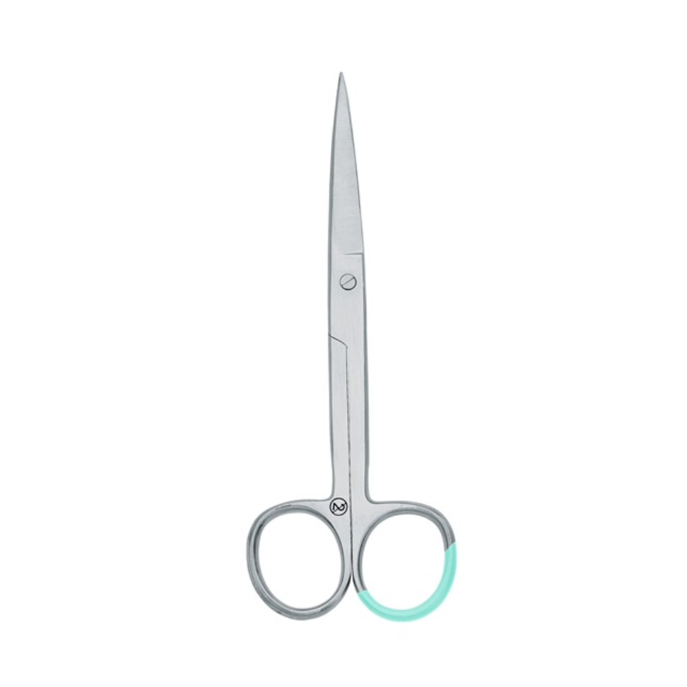 A straight, pointed, silver surgical scissor by Hartmann ChirSchere with a length of 13 cm stands upright against a white background. This sterile scissor by Paul Hartmann AG is distinguished by a subtle blue ring and ensures precision and hygiene with every cut. The package contains 25 pieces.