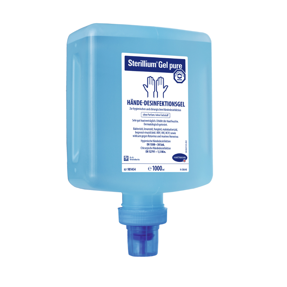 A blue container with Hartmann Sterillium® Gel pure hand disinfectant gel, which has a tap at the bottom and is labeled with instructions for use and contents in German. The container indicates a capacity of.