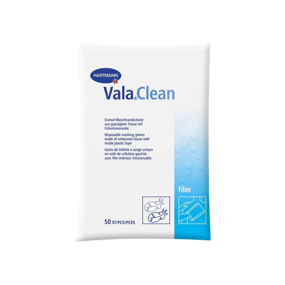 A Paul Hartmann AG Hartmann Vala® Clean disposable wash glove pack with 50 gloves for body care. The pack is white and blue, with multilingual text for product description and symbols for use.
