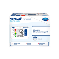A package for the Veroval® Compact blood pressure monitor by Paul Hartmann AG, featuring an image of the device on the packaging that displays blood pressure readings digitally. The text is in German and emphasizes safety and precision.