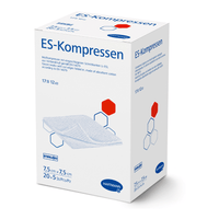 A box of ES medical gauze pads from Paul Hartmann AG, size 7.5 cm x 7.5 cm, with product details and diagrams in red and blue on a