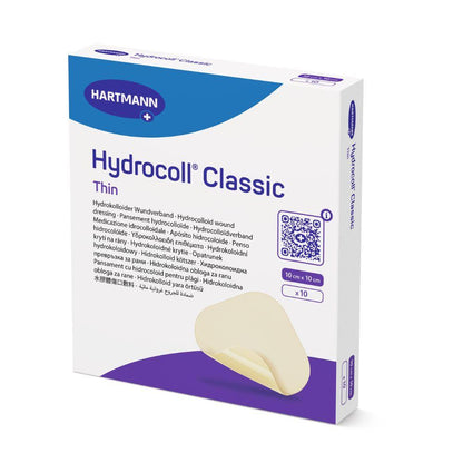 Eine Packung Hartmann Hydrocoll® Classic Thin Verband steril, einzeln eingesiegelt von der Paul Hartmann AG enthält 10 Stück (10 cm x 10 cm) mit dem Markenlogo und einem Teilbild eines beigen Verbandes zur feuchten Wundbehandlung.