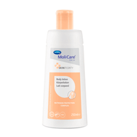A bottle of MoliCare® Skin body lotion by Paul Hartmann AG with a pump dispenser, labeled “Body Protection,” 250 ml size, in a white and orange color combination.
