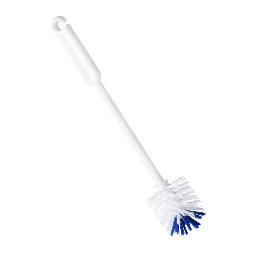 A Haug glass brush soft from the Haug Bürsten KG with a long handle and white with blue bristles is designed to be HACCP compliant.