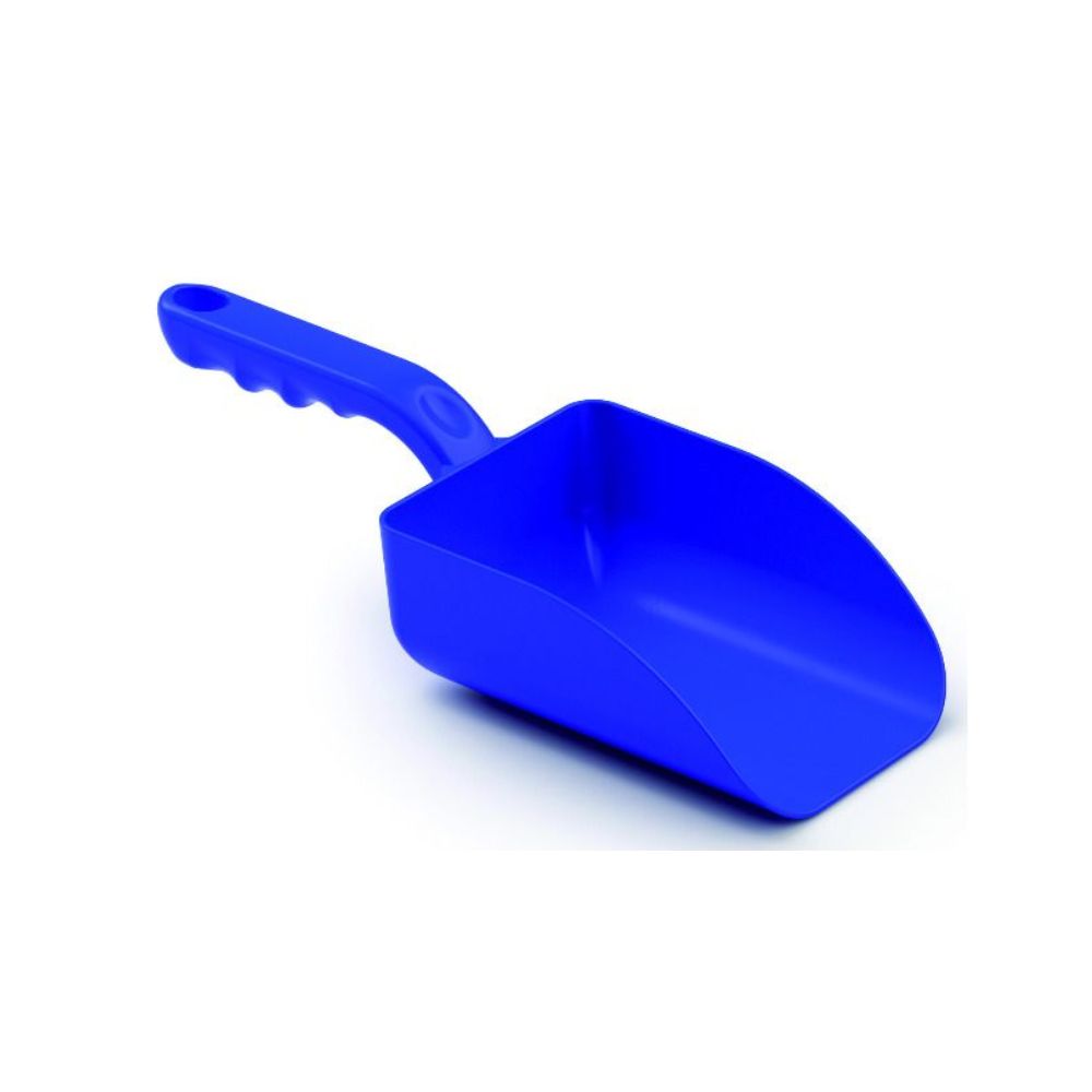The Haug Bürsten KG small hand scoop is a bright blue plastic scoop made of durable polypropylene with dimensions of 280 x 110 x 66 mm. Its ribbed handle provides better grip, making it ideal for the food industry.