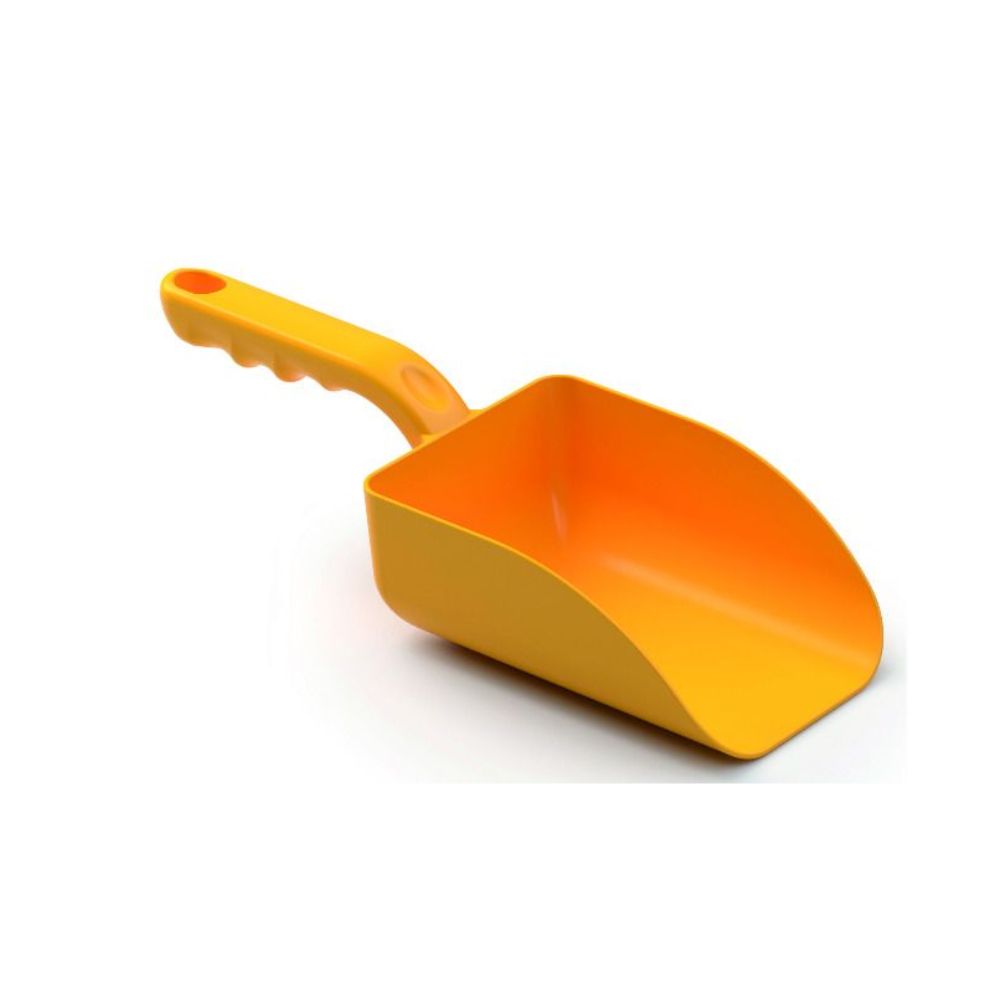 A yellow Haug small hand scoop PP from Haug Bürsten KG, designed for the food industry, is elegantly presented against a white background with its ergonomic handle facing left.