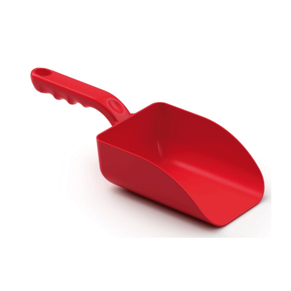 The Haug small hand scoop PP from Haug Bürsten KG is a red plastic scoop made of durable polypropylene. It features an ergonomic handle and a deep bowl for easy scooping of granular or powdered substances, ideal for the food industry. The product is pictured against a white background.