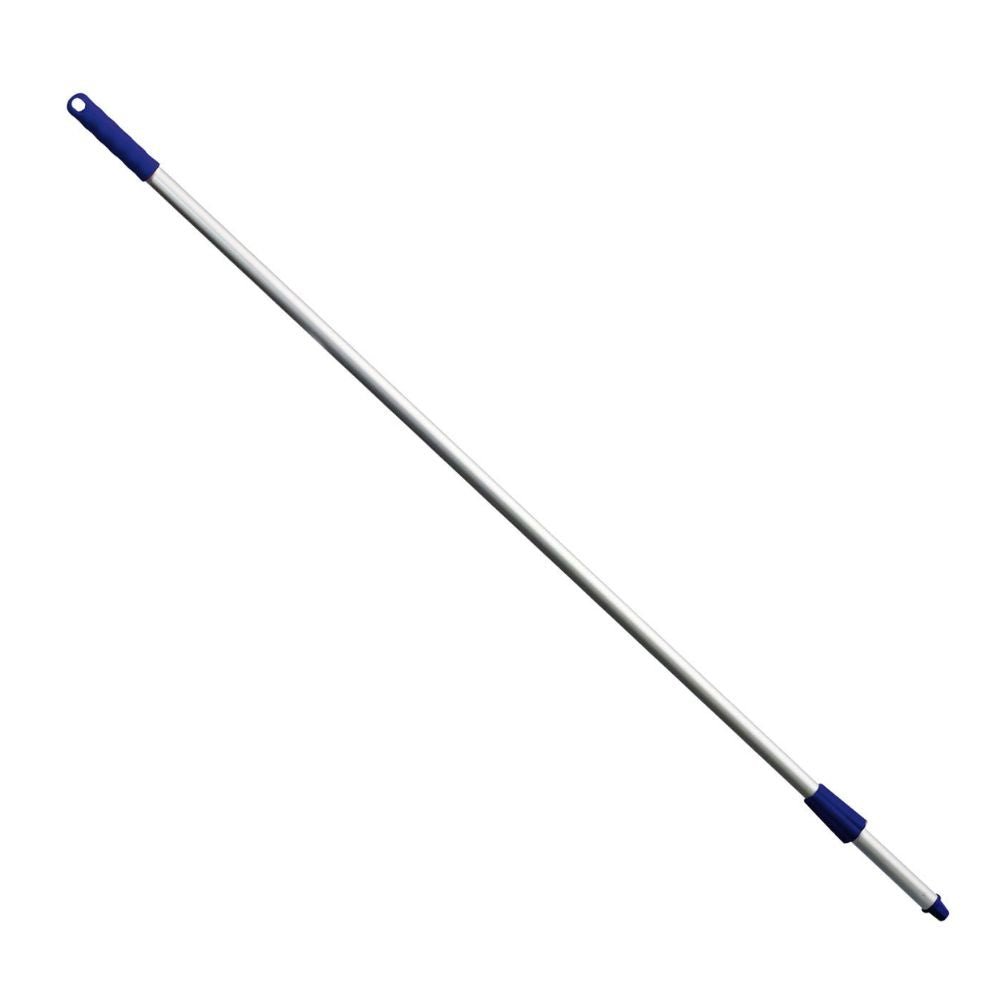 A broom handle METAL DETECT PREMIUM aluminum handle 1450 x Ø25 0 from Haug Bürsten KG, HACCP standard compliant, has blue plastic grips at both ends and leans diagonally against a clean white background.