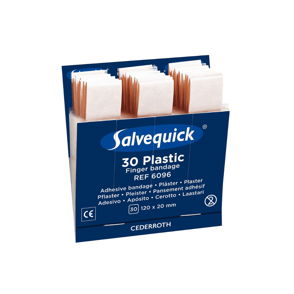 Eine blaue Holthaus Medical Salvequick® Nachfülleinsatz-Box mit der Aufschrift "Fingerverband Plastic, 30 Stück" enthält 30 einzeln verpackte Binden (120 x 20 mm), Ref.-Nr. 6096, von Holthaus Medical GmbH & Co. KG.