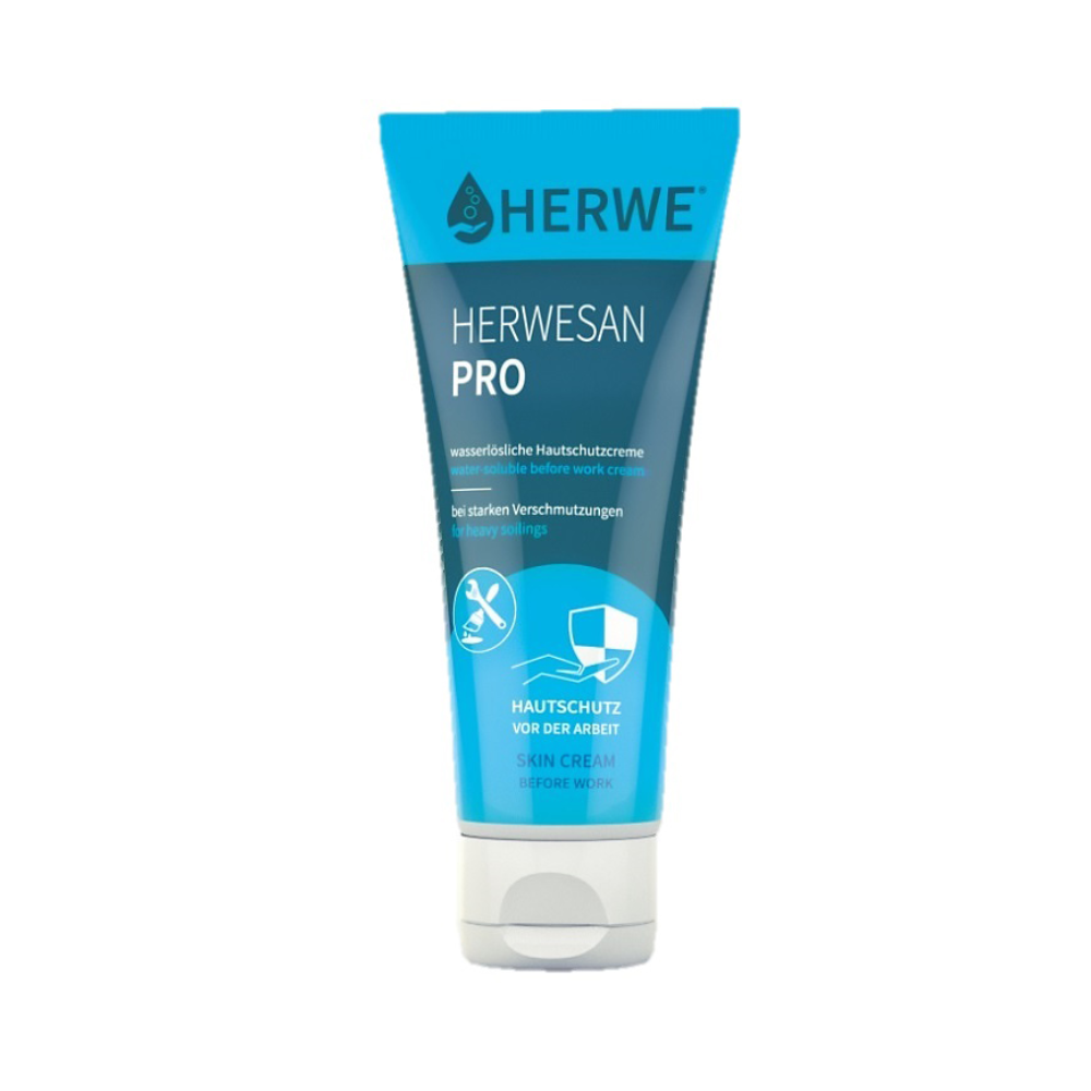 A 100 ml tube of Holthaus Herwesan Pro skin protection ointment from Holthaus Medical GmbH & Co. KG with a blue and white label and German text such as "Skin protection before work". The water-soluble skin protection cream stands upright with the cap on the bottom.