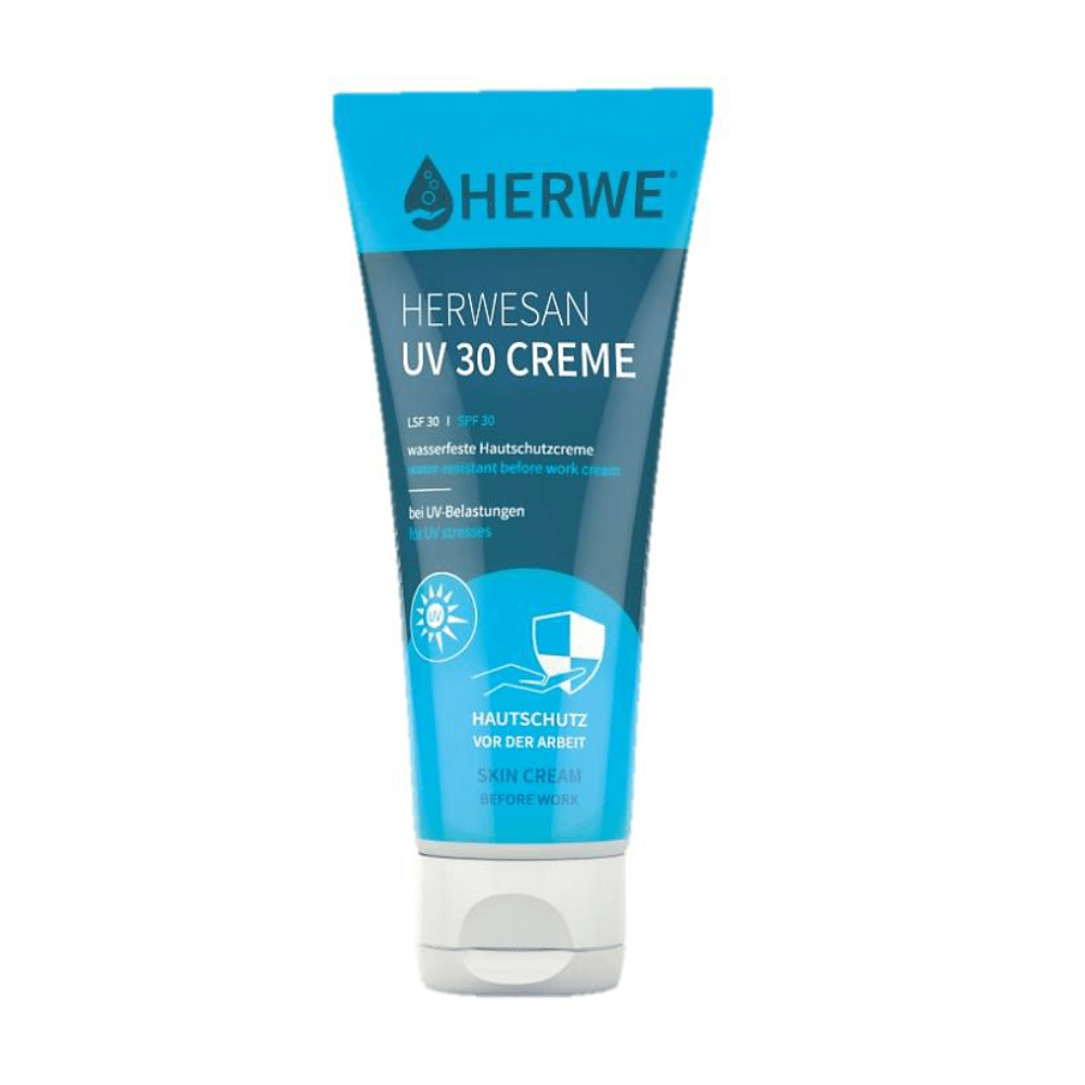 The image shows a blue-and-white tube labeled “Holthaus” that contains “Holthaus Herwesan UV 30 Skin Protection Ointment, Waterproof” (100 ml). The tube indicates SPF 30, is waterproof, and is suitable for protecting the skin before work. The packaging features UV protection symbols and includes a broad-spectrum sunscreen for optimal protection.