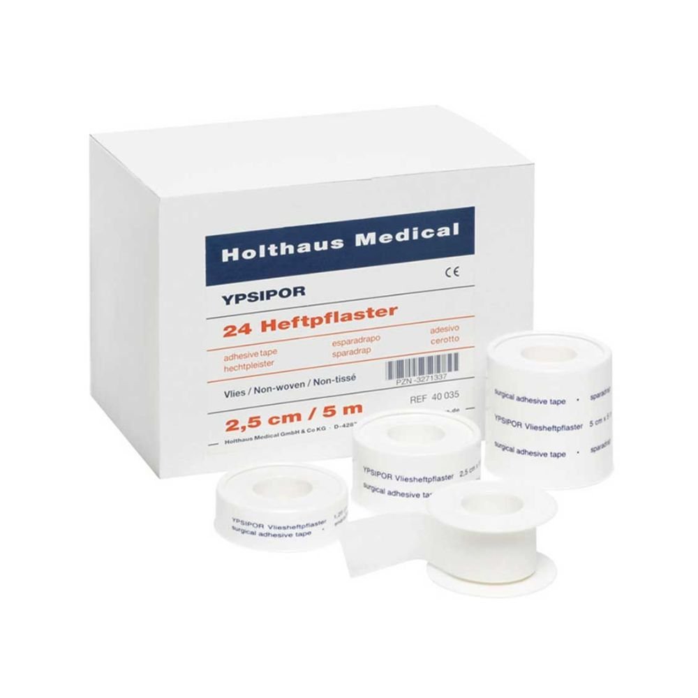 The image shows a box labeled “Holthaus Medical YPSIDERM” that contains hypoallergenic, water-repellent adhesive tapes ideal for sensitive skin. The package contains three rolls measuring 2.5 cm x 5 m.