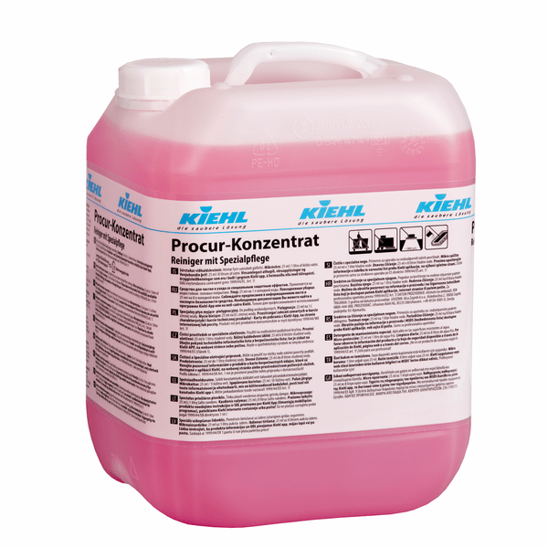 A large, transparent plastic container with a white lid contains the pink Kiehl Procur Concentrate Cleaner with special care from Johannes Kiehl KG. The label displays the product name as well as application instructions and pictograms.