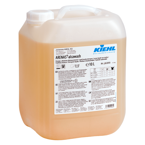 A 10-liter container made of semi-transparent plastic with the product Kiehl ARENAS-alcawash Liquid Alkaline Detergent by Johannes Kiehl KG, with a handle and a label with product information and instructions; inside is a yellowish liquid detergent visible.