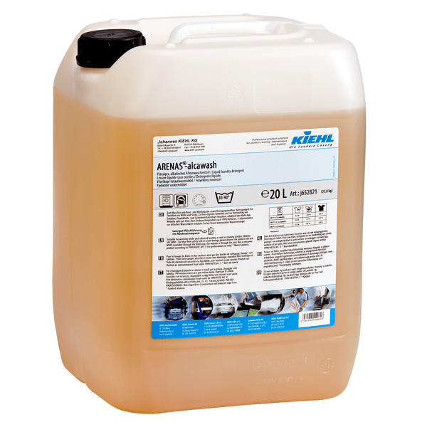 Kiehl ARENAS-alcawash Liquid Alkaline Detergent by Johannes Kiehl KG in a 20-liter container made of translucent plastic with a black screw cap and a label with product information and application instructions.