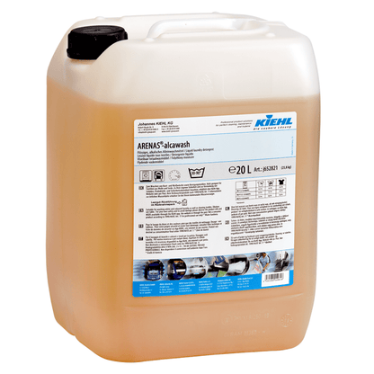 Kiehl ARENAS-alcawash Liquid Alkaline Detergent by Johannes Kiehl KG in a 20-liter container made of translucent plastic with a black screw cap and a label with product information and application instructions.