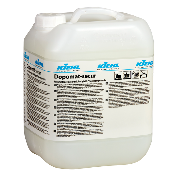 Weißer Kunststoffbehälter mit Griff und der Aufschrift "Kiehl Dopomat-secur Automatenreiniger mit Antigleit-Pflegekomponente" der Johannes Kiehl KG. Das deutsche Etikett enthält Gebrauchsanweisungen und Sicherheitshinweise.