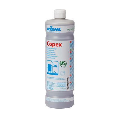The tall, gray, cylindrical bottle with a white cap and the label “Kiehl Copex All-Purpose Cleaner” by Johannes Kiehl KG contains multilingual instructions for use, an eco-label, a graphic, and information on how to effectively clean various surfaces.