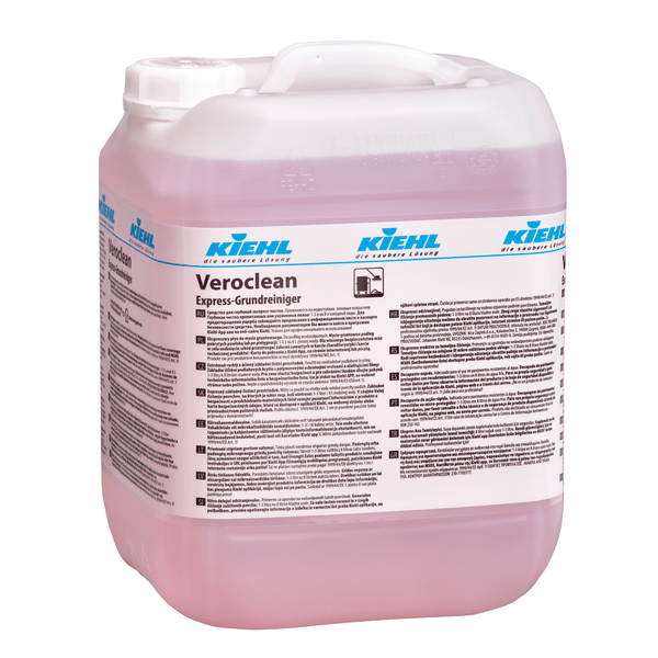 Inside a large, transparent plastic container with a white lid is the pink-colored Kiehl Veroclean Express Basic Cleaner from Johannes Kiehl KG, a reliable all-surface basic cleaner that enables quick and effective cleaning.