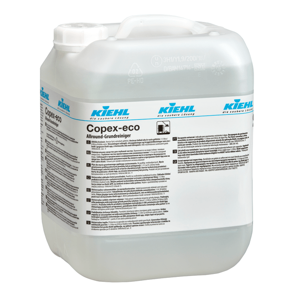 The white plastic container of the Kiehl Copex All-Purpose Cleaner from Johannes Kiehl KG, featuring a handle and a detailed label, contains a clear liquid designed for the effective cleaning of various surfaces.