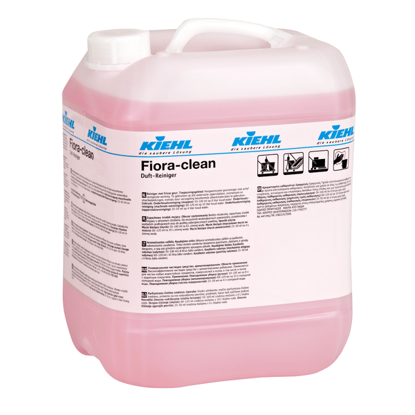 A 10-liter canister of Kiehl Fiora-Clean scent cleaner from Johannes Kiehl KG, with a white cap, pink liquid, and a label with product information and application instructions.