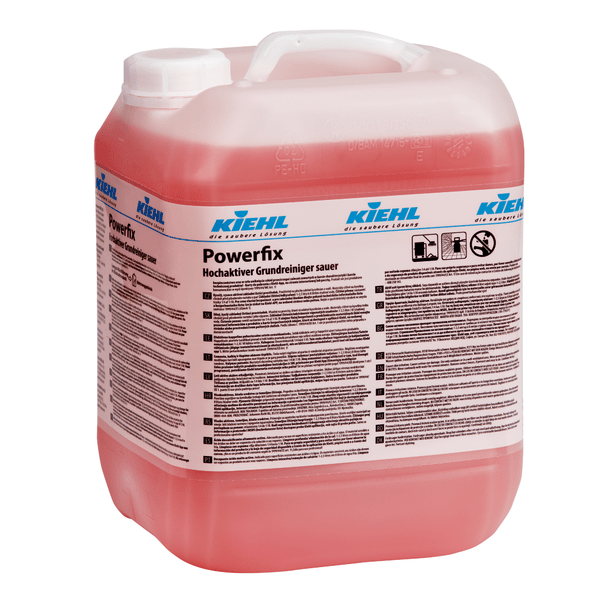 A large, transparent plastic container with a handle, filled with red liquid. Label: "Kiehl Powerfix Highly Active Basic Cleaner, acidic" by Johannes Kiehl KG; for professional cleaning and descaling, with safety symbols and application instructions.