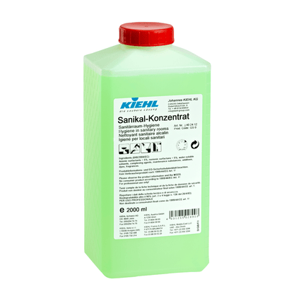 A green, rectangular 2-liter plastic container manufactured by Johannes Kiehl KG, labeled "Kiehl Sanikal Concentrate for Restroom Hygiene," has a red lid and multilingual product and usage instructions on the front.