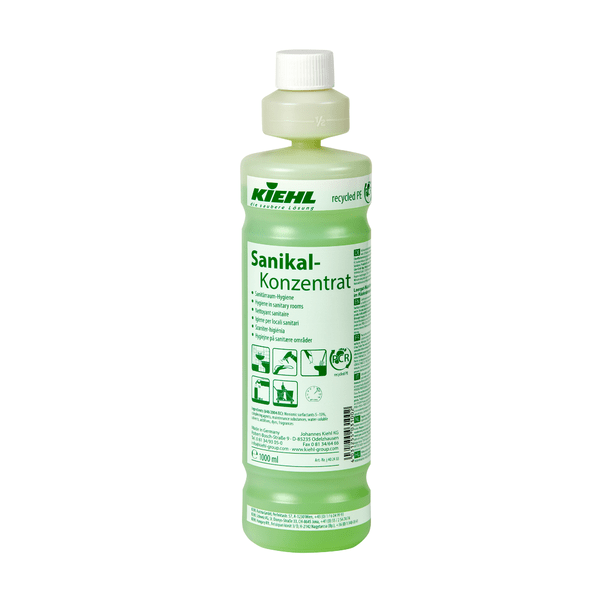 The green 1-liter bottle of Kiehl Sanikal Concentrated Restroom Cleaner from Johannes Kiehl KG has a white cap and a green label with text and symbols indicating that it is intended for restroom cleaning.