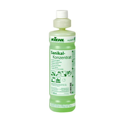 The green 1-liter bottle of Kiehl Sanikal Concentrated Restroom Cleaner from Johannes Kiehl KG has a white cap and a green label with text and symbols indicating that it is intended for restroom cleaning.