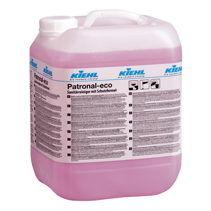 Large transparent container with a handle, filled with pink liquid. The label shows "Kiehl Patronal-eco sanitary cleaner with protective formula" by Johannes Kiehl KG, lists multilingual instructions, and emphasizes thorough cleaning.