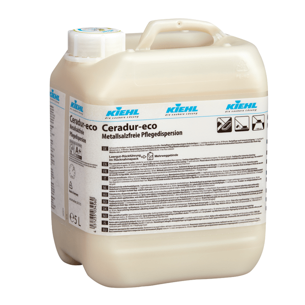 Eine 5-Liter-Flasche Kiehl Ceradur-eco metallsalzfreie Pflegedispersion der Johannes Kiehl KG, mit weißem Verschluss und detailliertem deutschem Etikett, erhältlich im Karton mit 2 Flaschen.