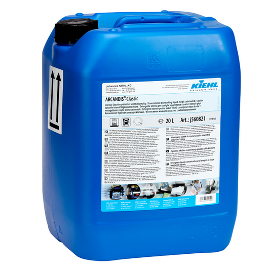 Ein großer blauer 20-Liter-Kunststoffbehälter mit Schraubverschluss enthält Kiehl ARCANDIS-Classic Intensiv-Geschirrspülmittel, leicht chlorhaltig der Johannes Kiehl KG, ideal für den professionellen Geschirrspüler. Weißes Etikett und schwarze Pfeile markieren die aufrechte Position.