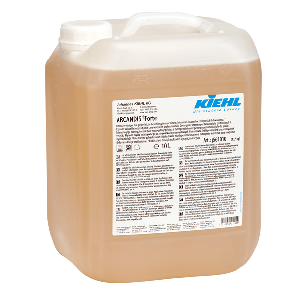 A 10-liter container made of clear plastic with a white screw-on cap, filled with an amber-colored liquid. The label reads, in several languages, "Kiehl ARCANDIS-Forte Intensive Cleaner for Commercial Dishwashers" by Johannes Kiehl KG.