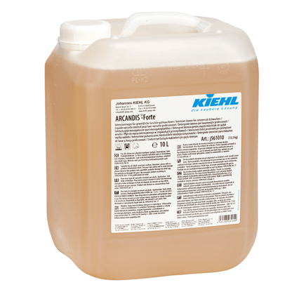 A 10-liter container made of clear plastic with a white screw-on cap, filled with an amber-colored liquid. The label reads, in several languages, "Kiehl ARCANDIS-Forte Intensive Cleaner for Commercial Dishwashers" by Johannes Kiehl KG.