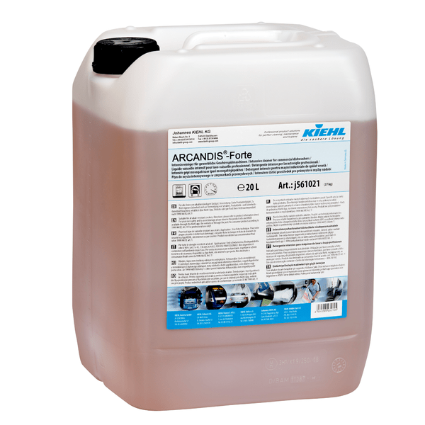 A 20-liter plastic container of Kiehl ARCANDIS-Forte Intensive Cleaner for commercial dishwashers, manufactured by Johannes Kiehl KG, featuring a white handle and a detailed front label with instructions and illustrations.