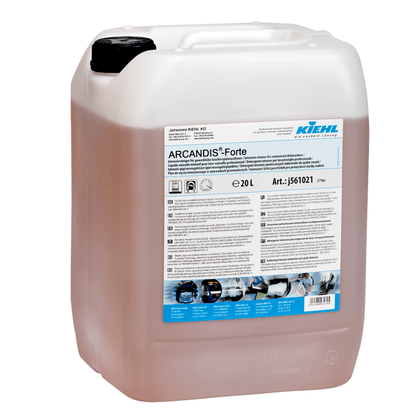 A 20-liter plastic container of Kiehl ARCANDIS-Forte Intensive Cleaner for commercial dishwashers, manufactured by Johannes Kiehl KG, featuring a white handle and a detailed front label with instructions and illustrations.