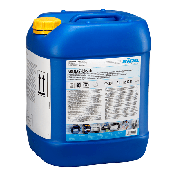 A blue 20-liter plastic canister with a yellow lid and the label "Kiehl ARENAS-bleach Liquid Bleach Concentrate" by Johannes Kiehl KG; the front of the canister displays instructions for use, warnings, and cleaning applications.