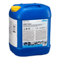 A blue 20-liter plastic canister with a yellow lid and the label "Kiehl ARENAS-bleach Liquid Bleach Concentrate" by Johannes Kiehl KG; the front of the canister displays instructions for use, warnings, and cleaning applications.