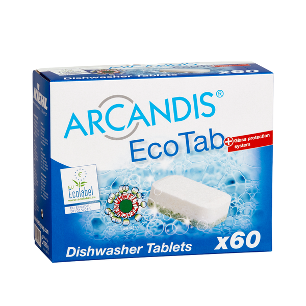 Eine blau-weiße Schachtel mit der Aufschrift "Kiehl ARCANDIS-EcoTab Geschirrspültabs" der Johannes Kiehl KG, die eine Tablettenabbildung, das Logo des EU-Umweltzeichens und den Text für 60 phosphatfreie Tabs mit Glasschutz zeigt; die Packung enthält 5 Kartons.
