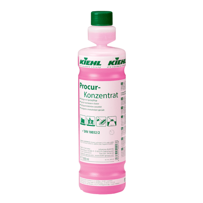 A pink plastic bottle from Johannes Kiehl KG Kiehl Procur Concentrate Cleaner with special care with a green cap and label, displaying instructions and symbols for cleaning sensitive surfaces.